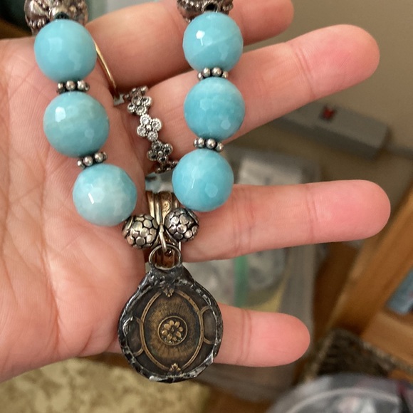 NWT Amazonite & Sterling Silver Necklace with Channel Set Coin Brass Pen… - Picture 10 of 10